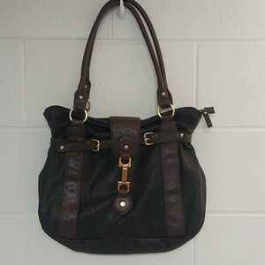 BLACK WITH BROWN & GOLD SHOULDER BAG, PURSE
